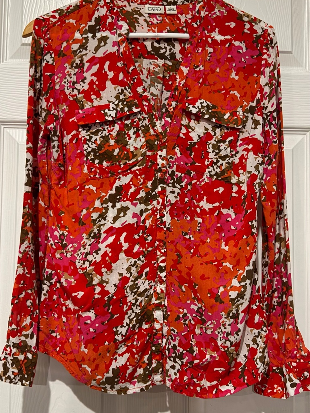 Cato Red Pink Orange Abstract Print Button-Down Blouse